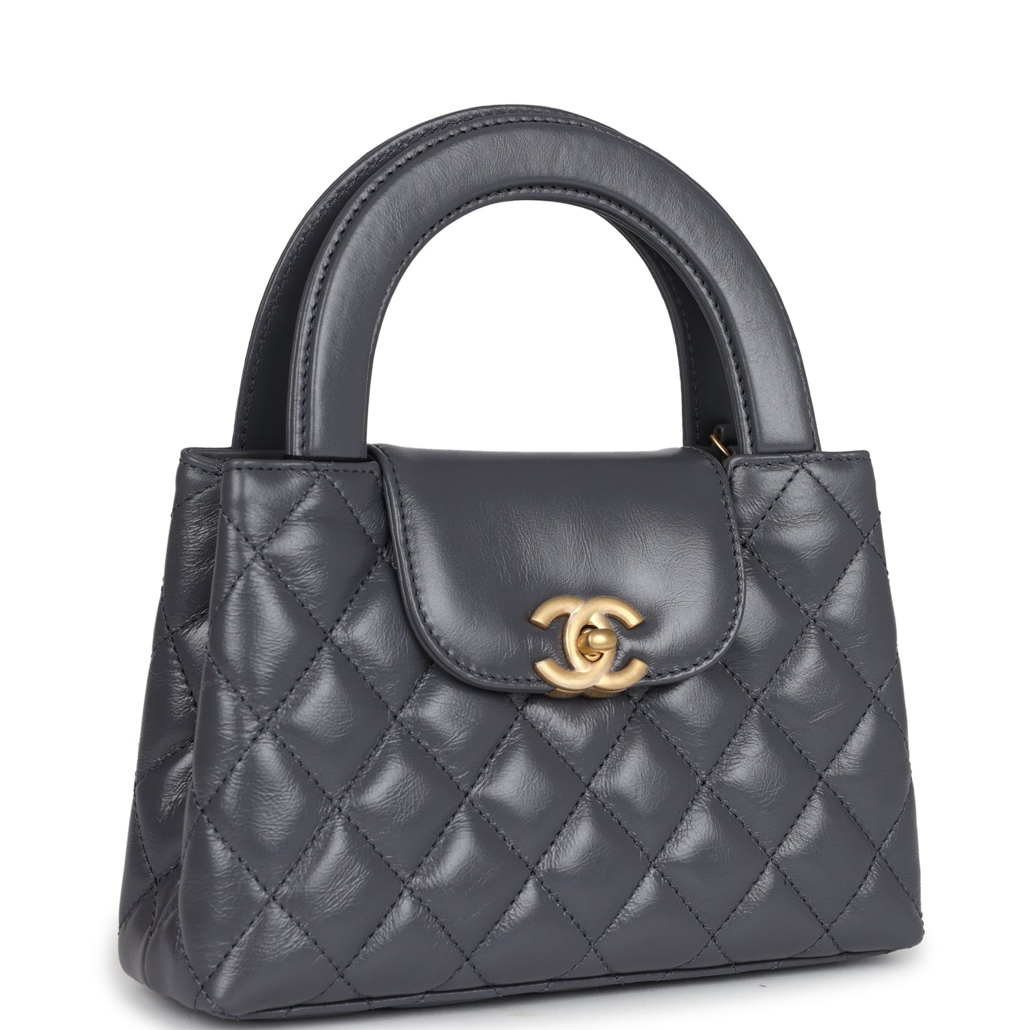 Small Kelly Shopper Dark Grey Shiny Aged Calfskin Brushed Gold Hardware