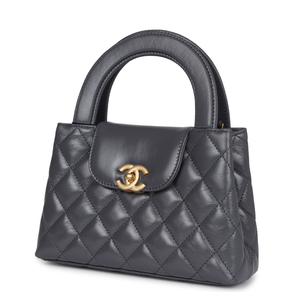 Small Kelly Shopper Dark Grey Shiny Aged Calfskin Brushed Gold Hardware