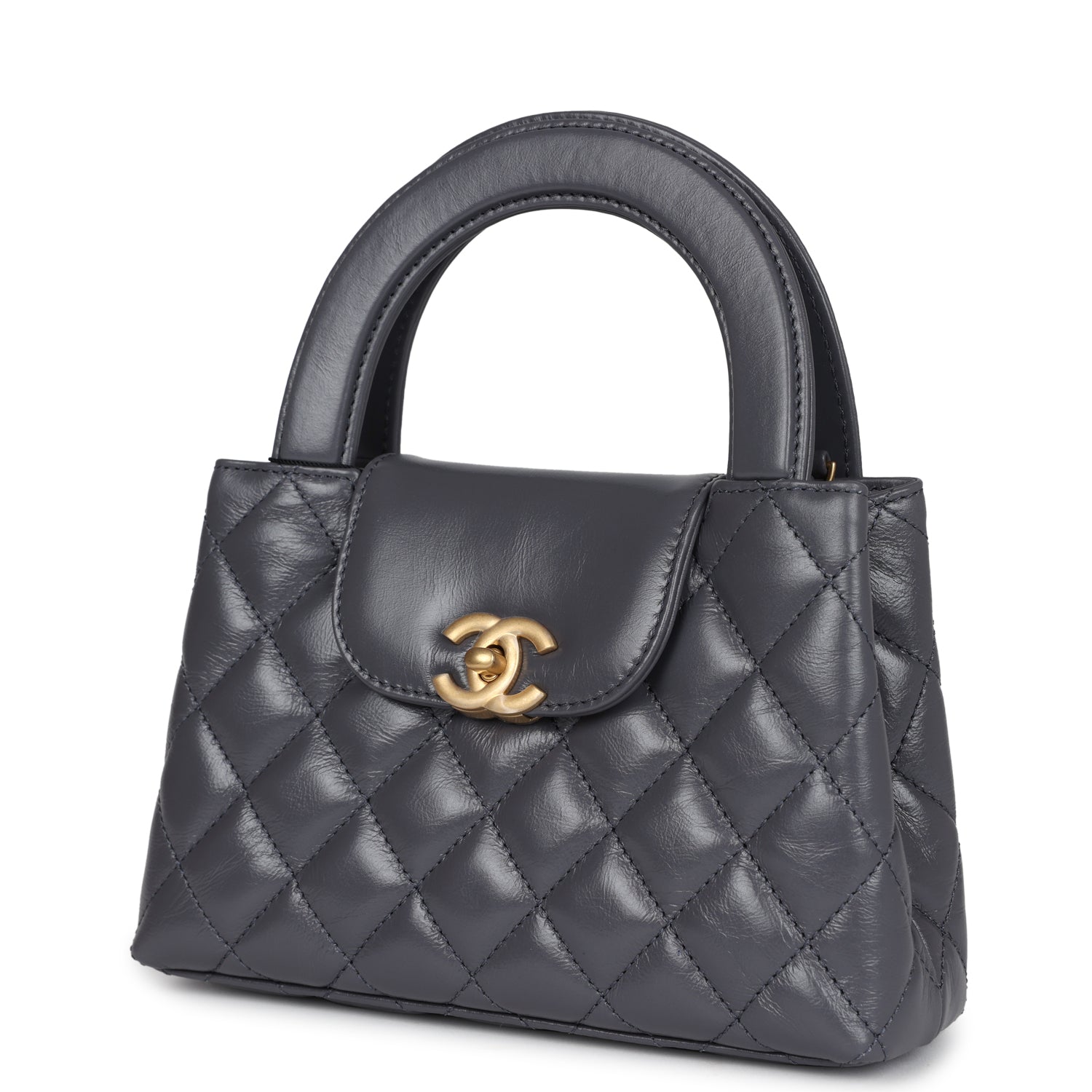 Small Kelly Shopper Dark Grey Shiny Aged Calfskin Brushed Gold Hardware