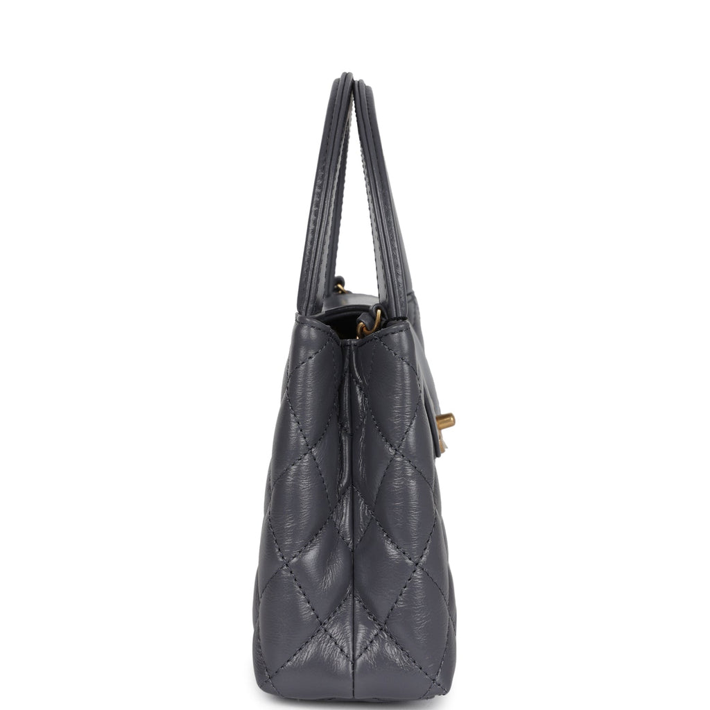 Small Kelly Shopper Dark Grey Shiny Aged Calfskin Brushed Gold Hardware