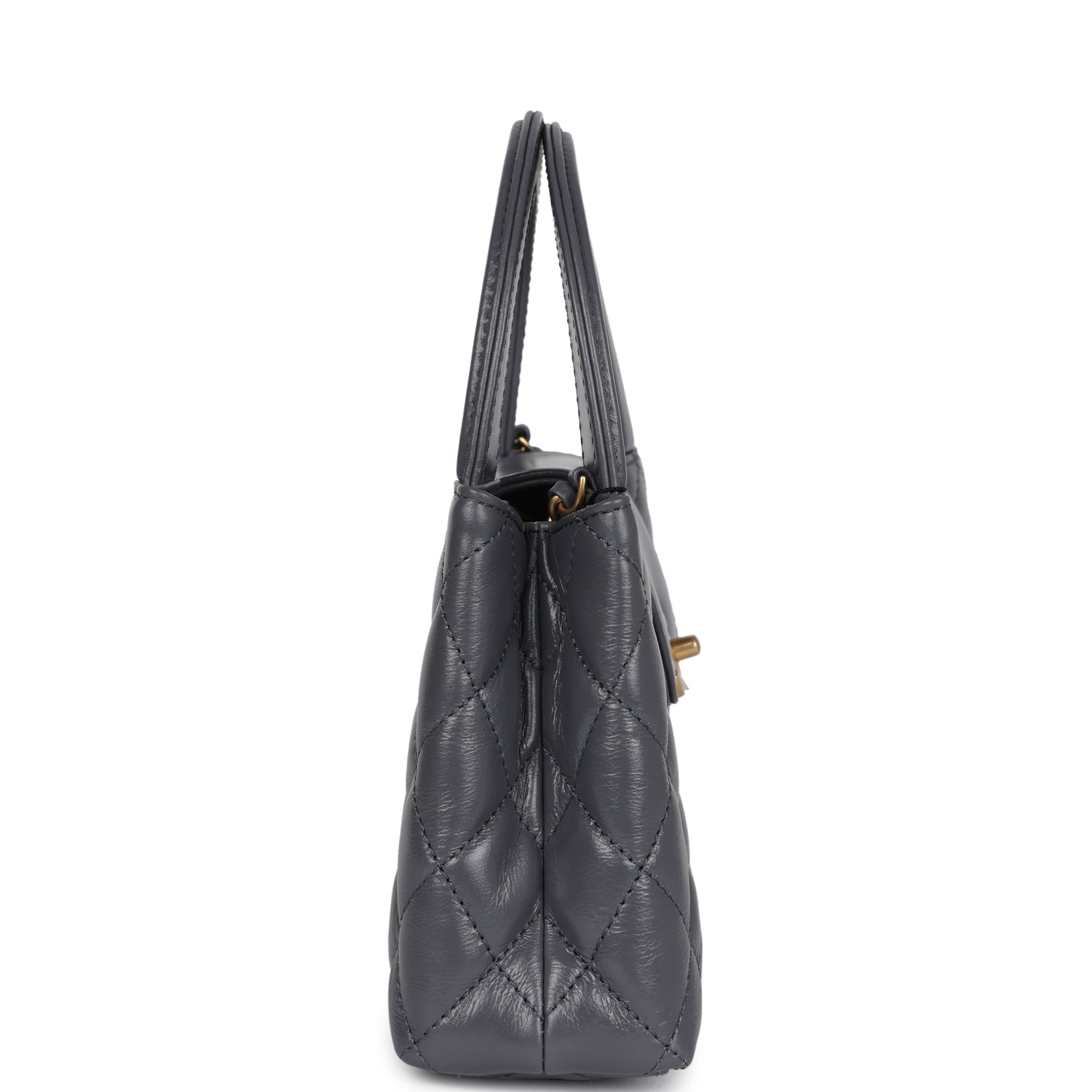 Small Kelly Shopper Dark Grey Shiny Aged Calfskin Brushed Gold Hardware