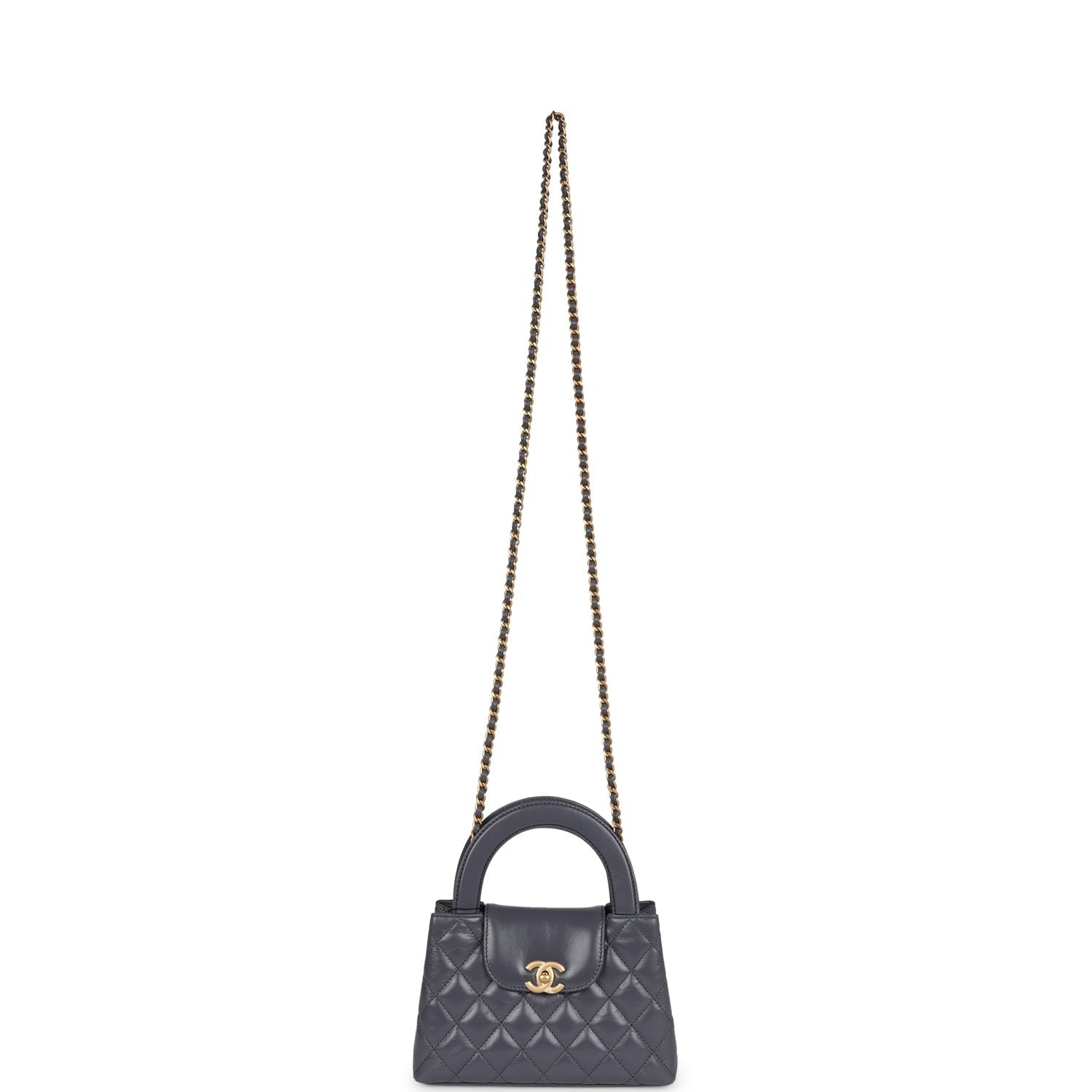 Small Kelly Shopper Dark Grey Shiny Aged Calfskin Brushed Gold Hardware