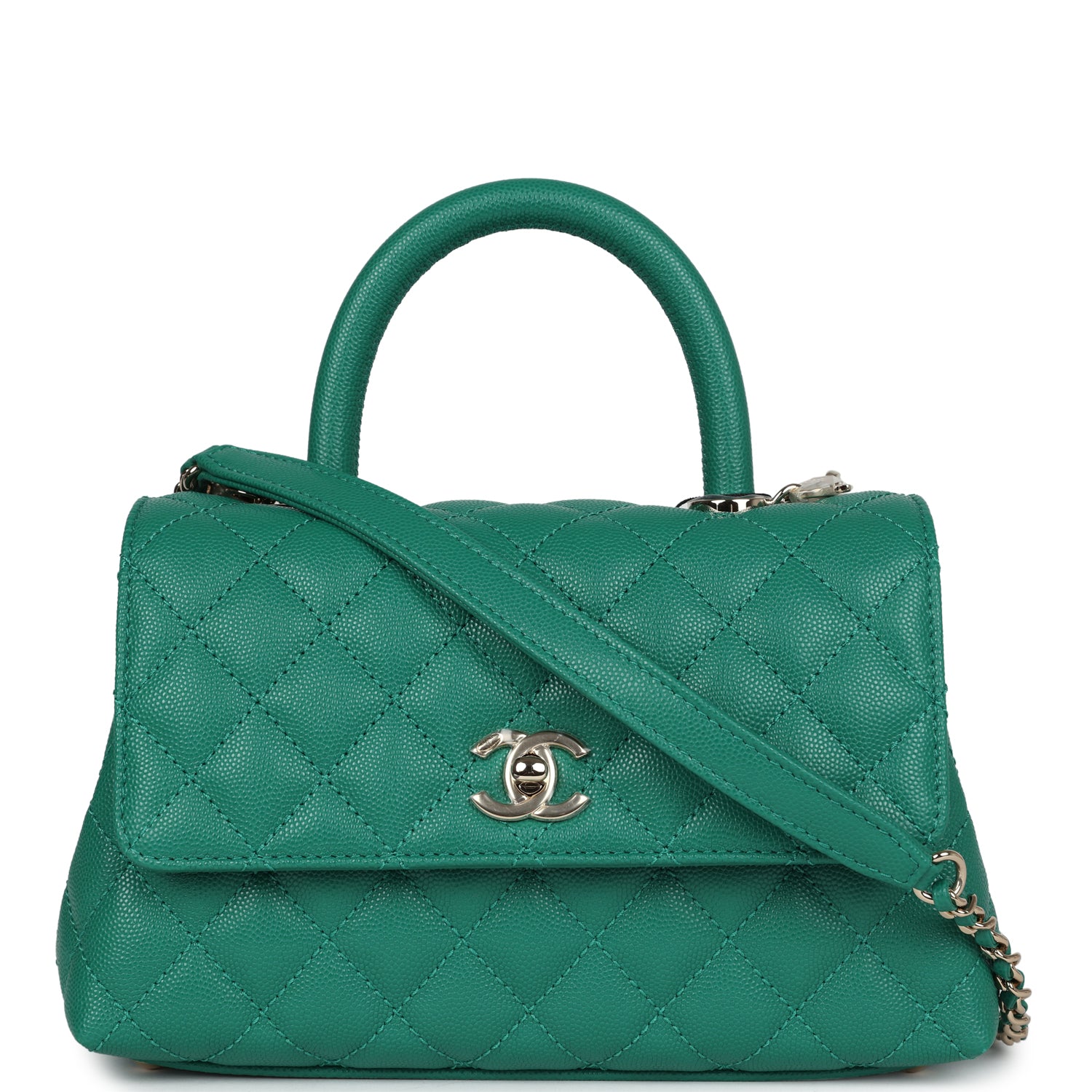 Mini Coco Top Handle Flap Bag Dark Green Caviar Light Gold Hardware