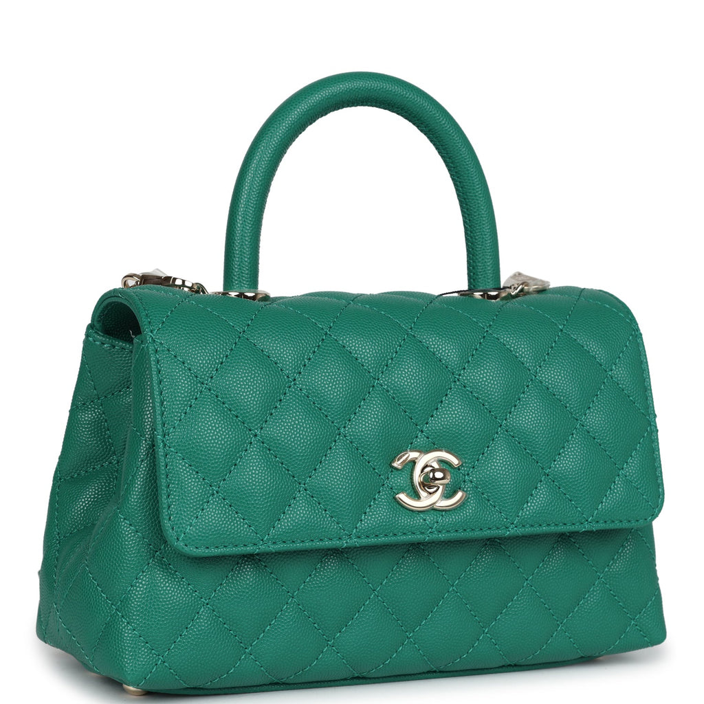Mini Coco Top Handle Flap Bag Dark Green Caviar Light Gold Hardware