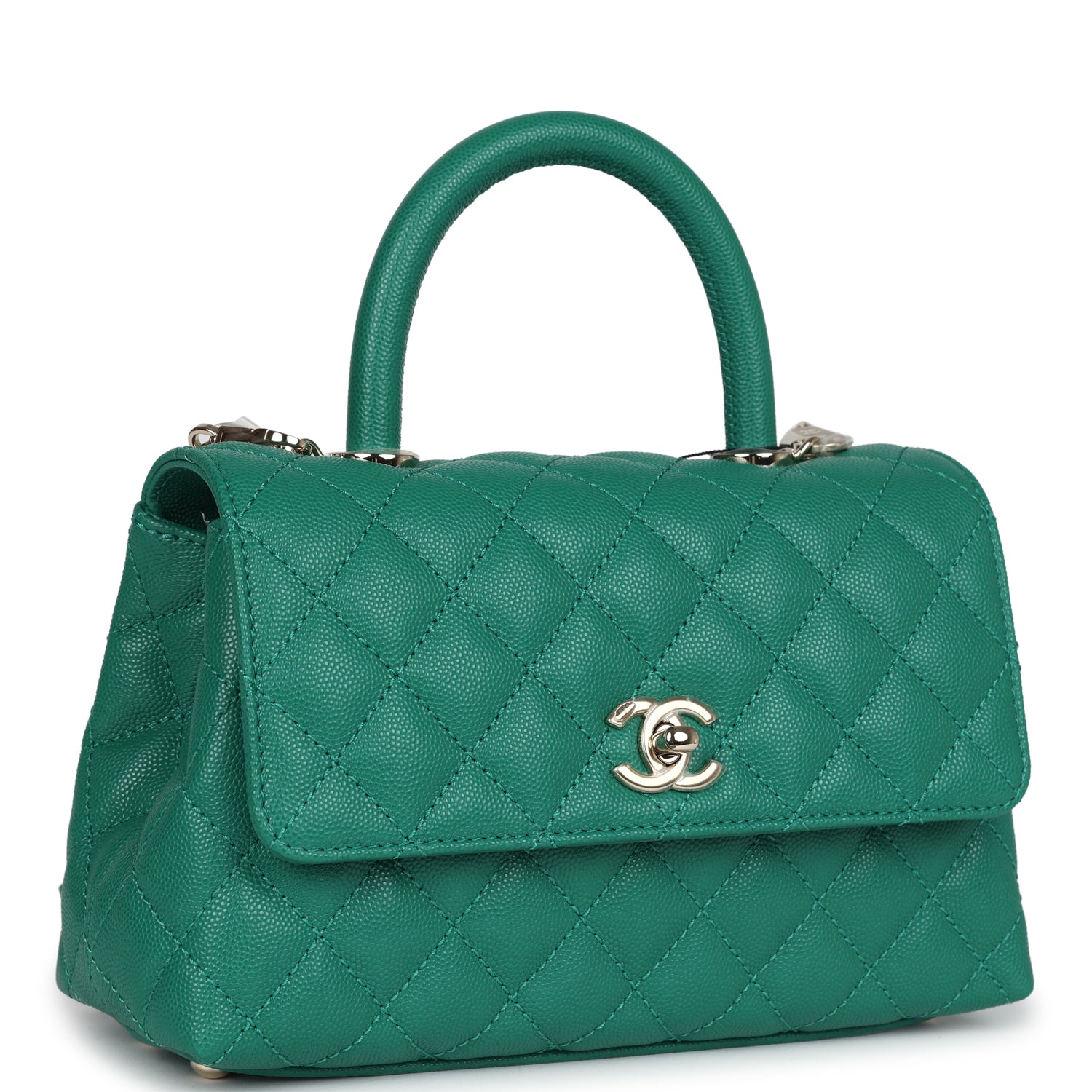 Mini Coco Top Handle Flap Bag Dark Green Caviar Light Gold Hardware