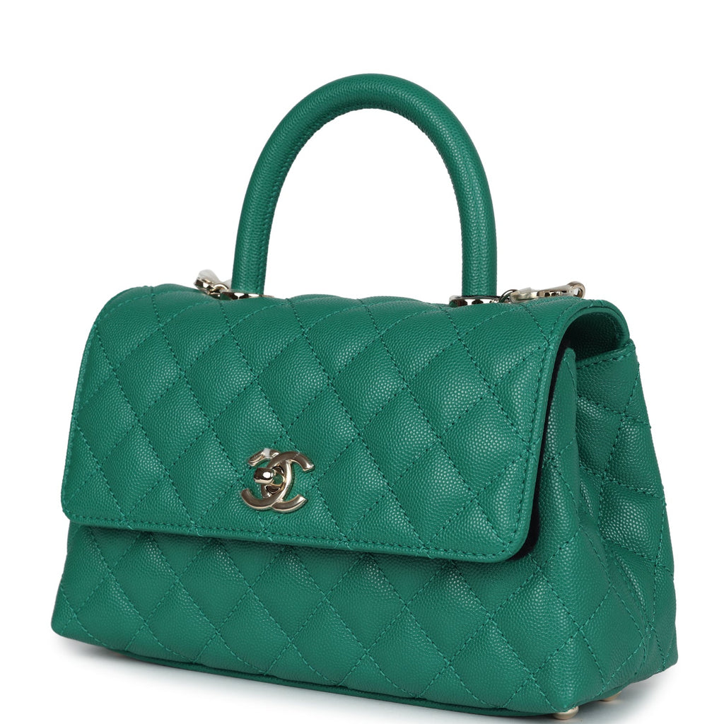 Mini Coco Top Handle Flap Bag Dark Green Caviar Light Gold Hardware