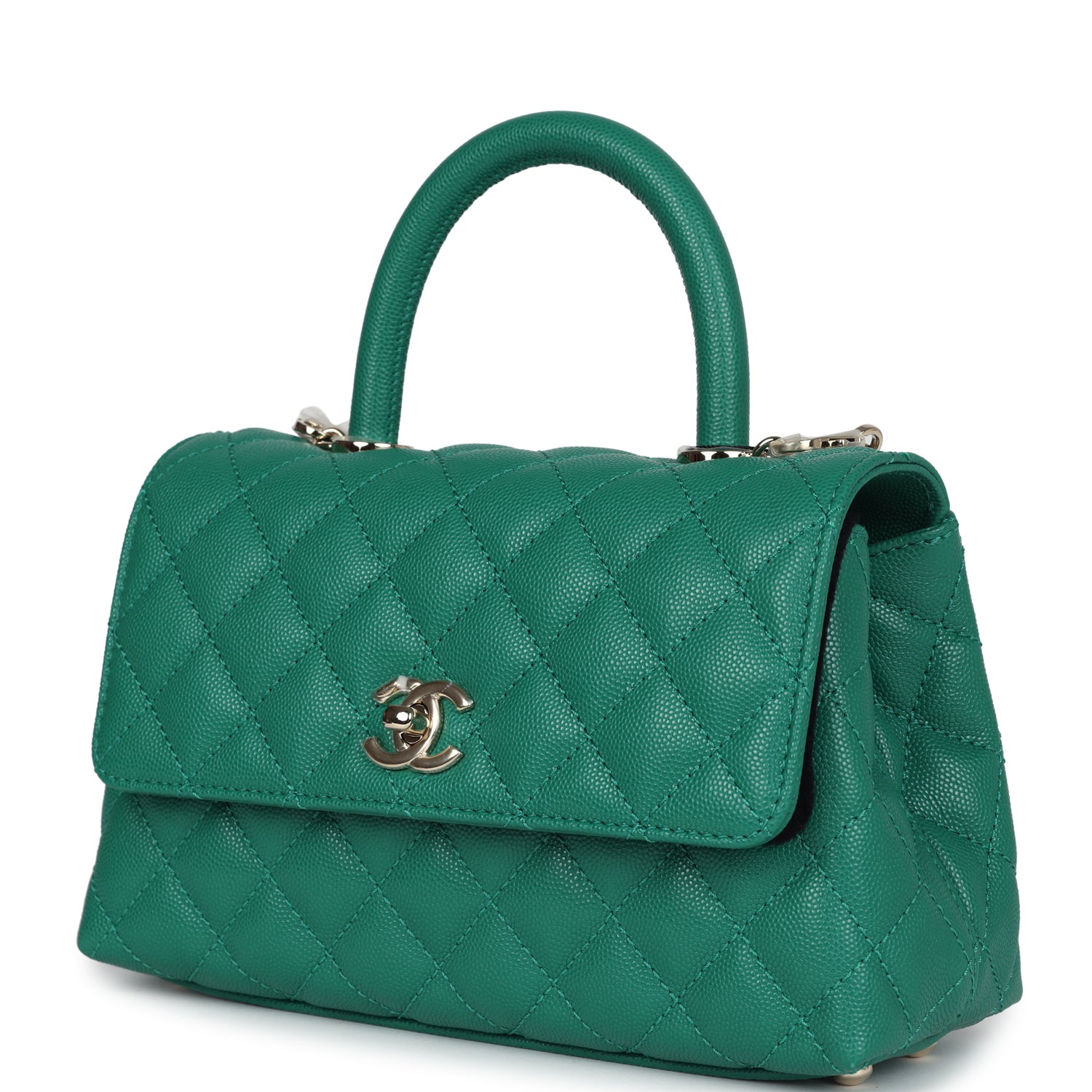 Mini Coco Top Handle Flap Bag Dark Green Caviar Light Gold Hardware
