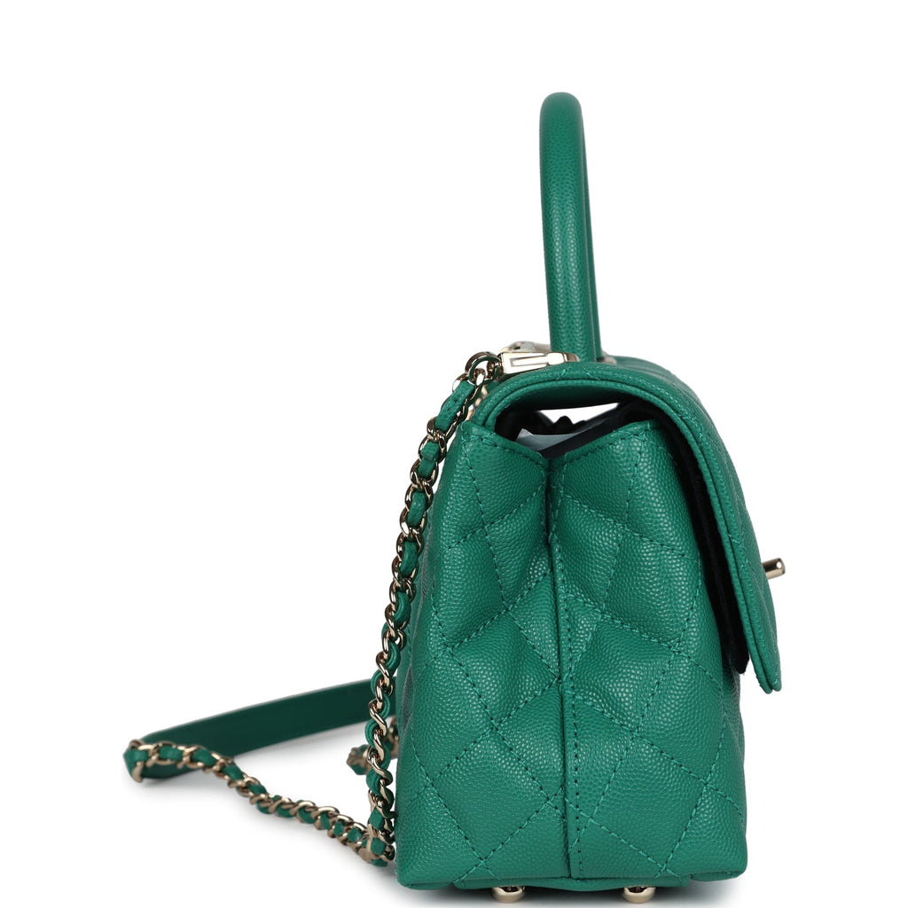 Mini Coco Top Handle Flap Bag Dark Green Caviar Light Gold Hardware
