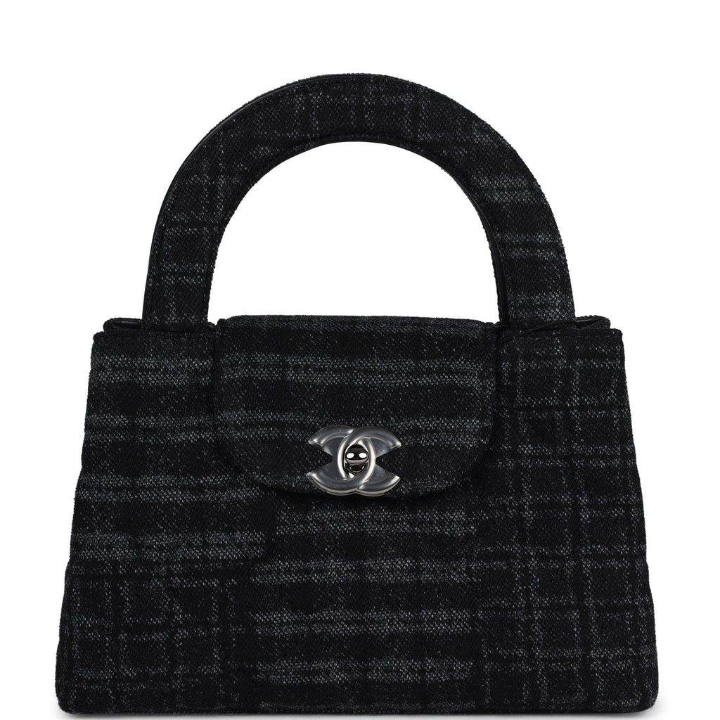Small Kelly Shopper Dark Grey and Black Plaid Canvas Ruthenium Hardware