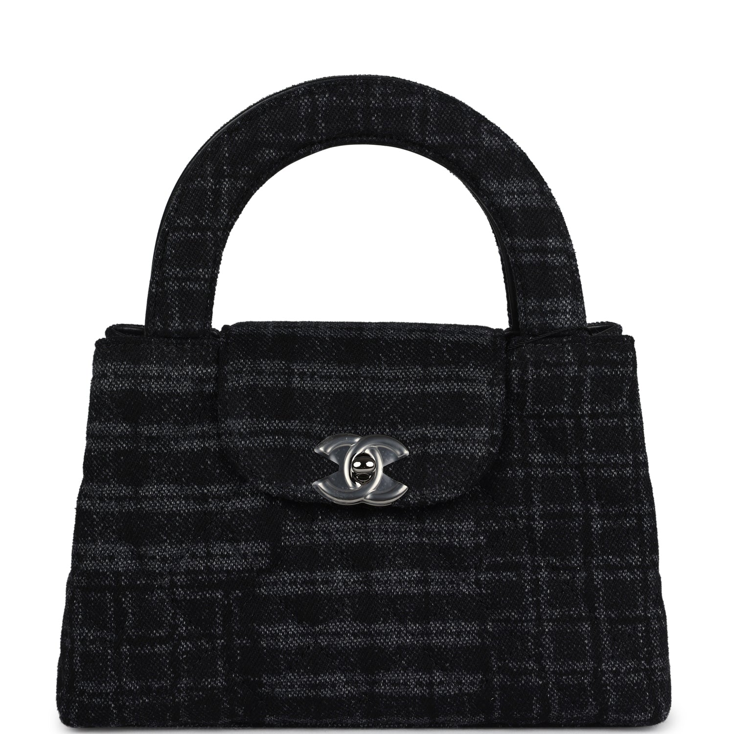 Small Kelly Shopper Dark Grey and Black Plaid Canvas Ruthenium Hardware