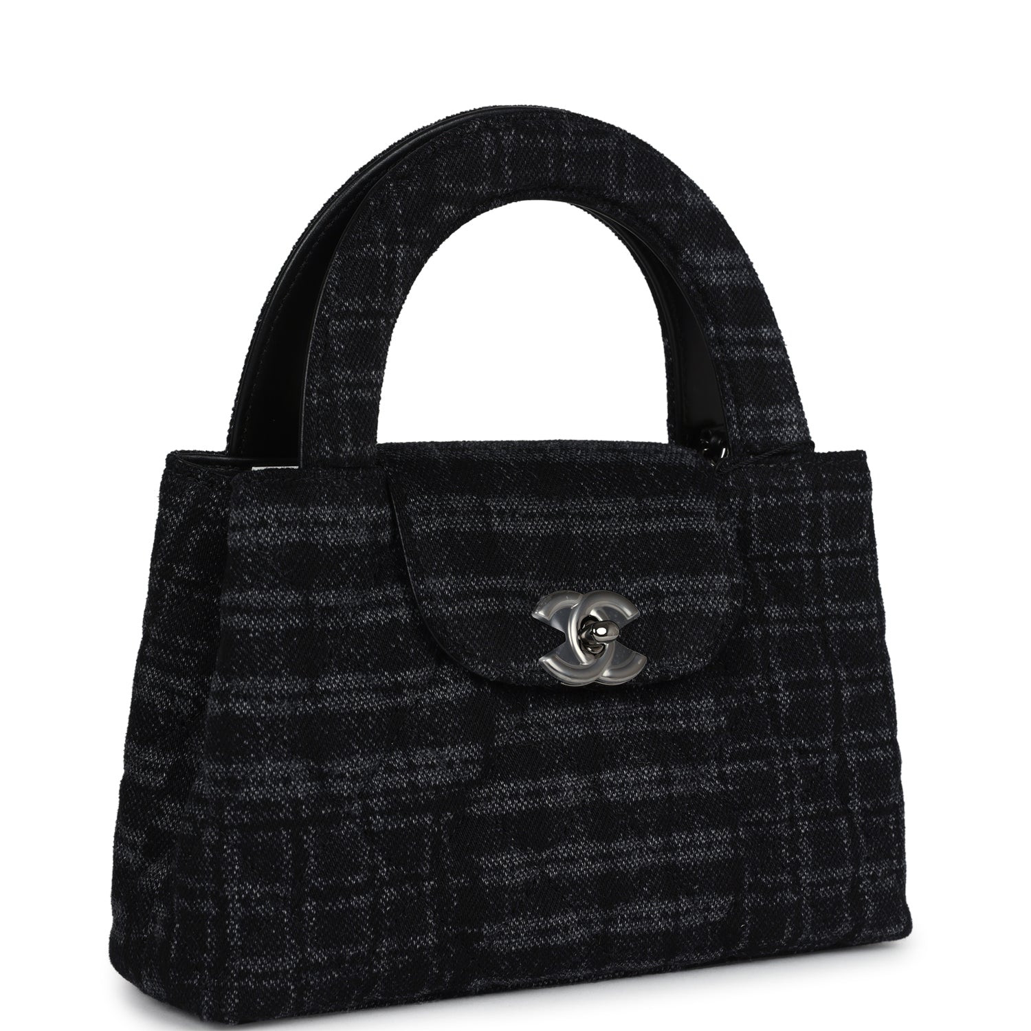 Small Kelly Shopper Dark Grey and Black Plaid Canvas Ruthenium Hardware