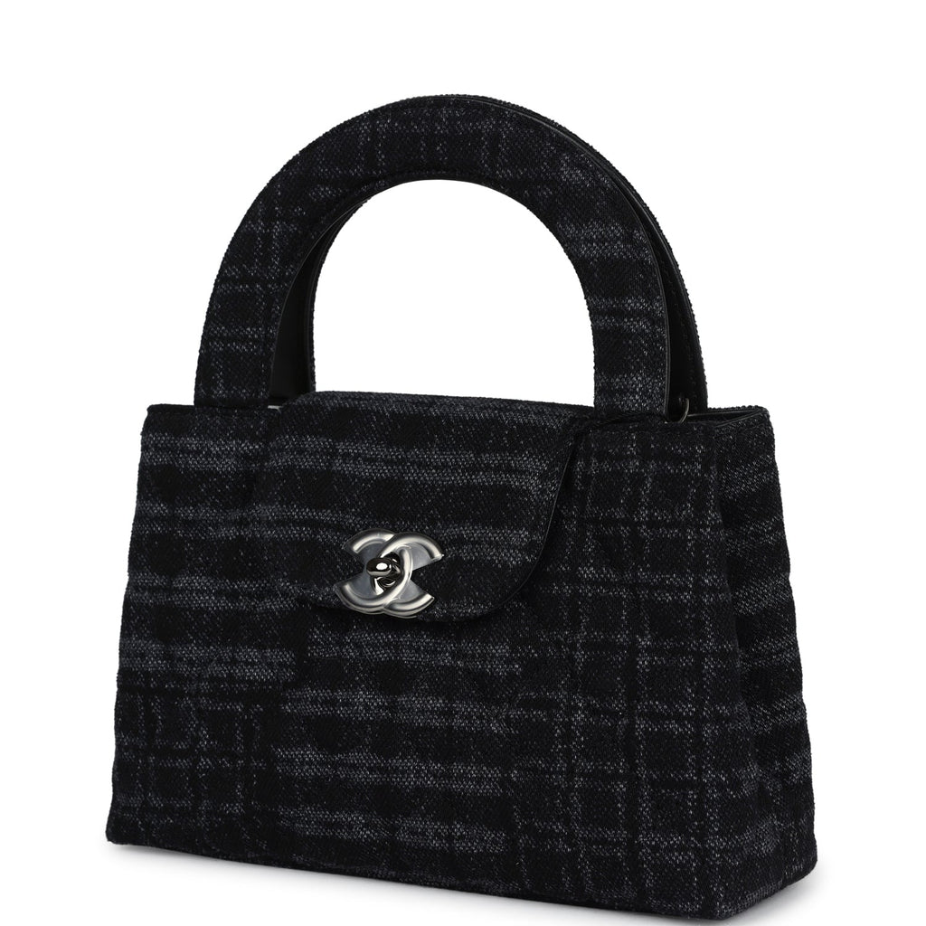 Small Kelly Shopper Dark Grey and Black Plaid Canvas Ruthenium Hardware