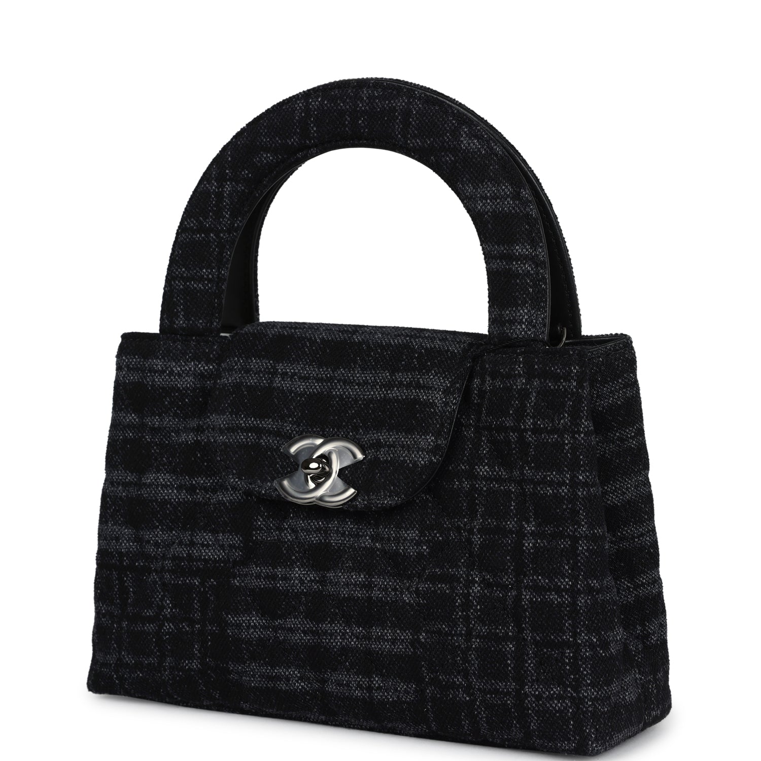 Small Kelly Shopper Dark Grey and Black Plaid Canvas Ruthenium Hardware