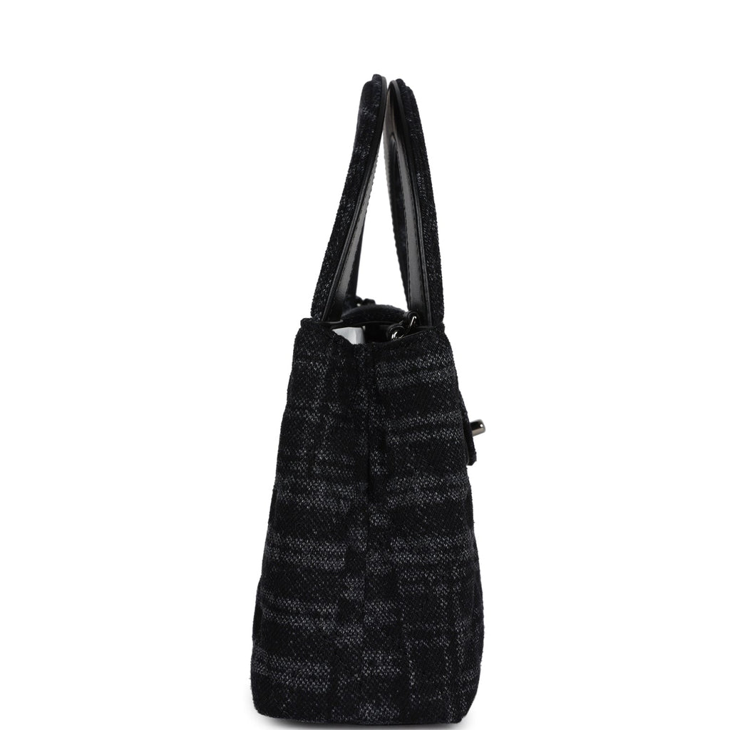 Small Kelly Shopper Dark Grey and Black Plaid Canvas Ruthenium Hardware