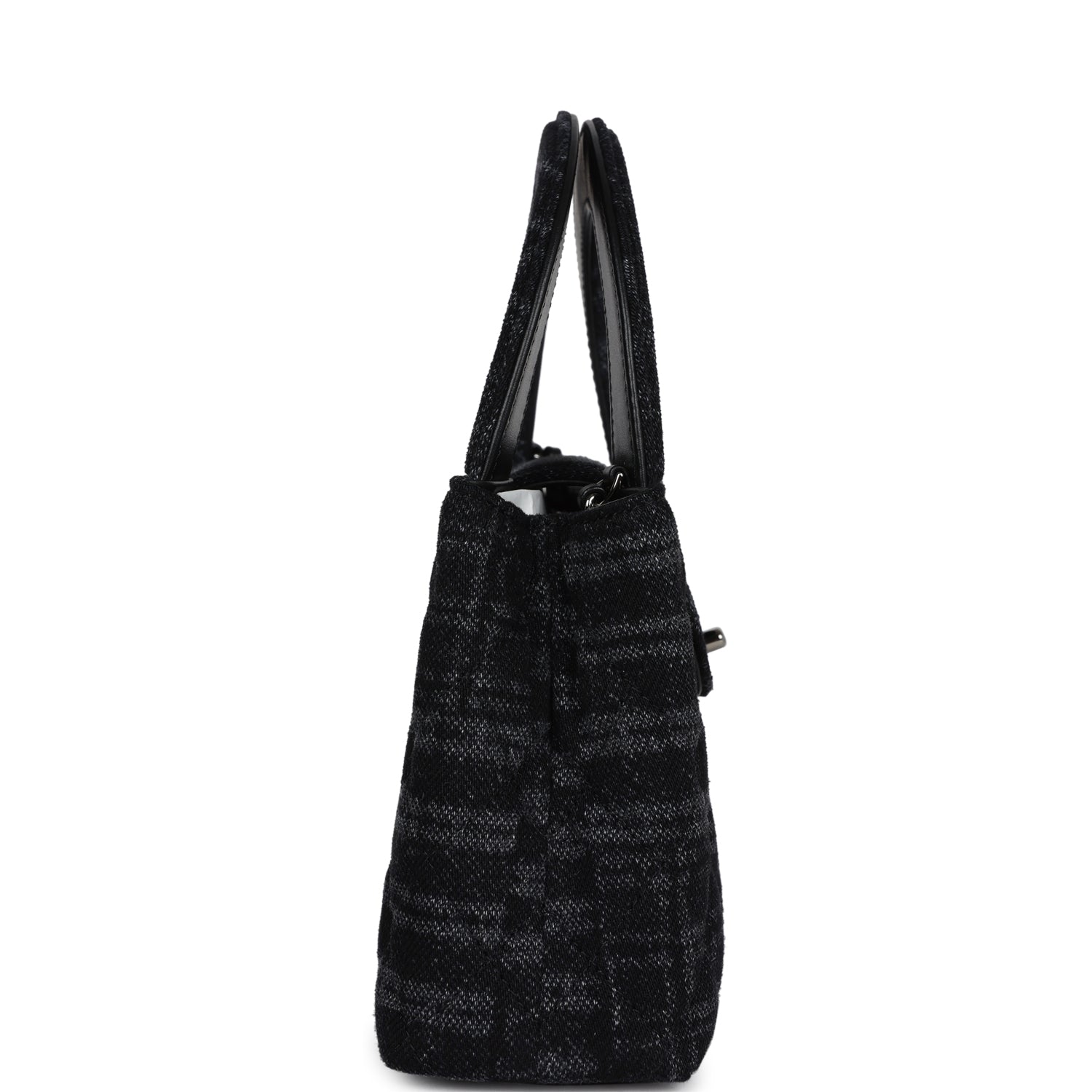 Small Kelly Shopper Dark Grey and Black Plaid Canvas Ruthenium Hardware