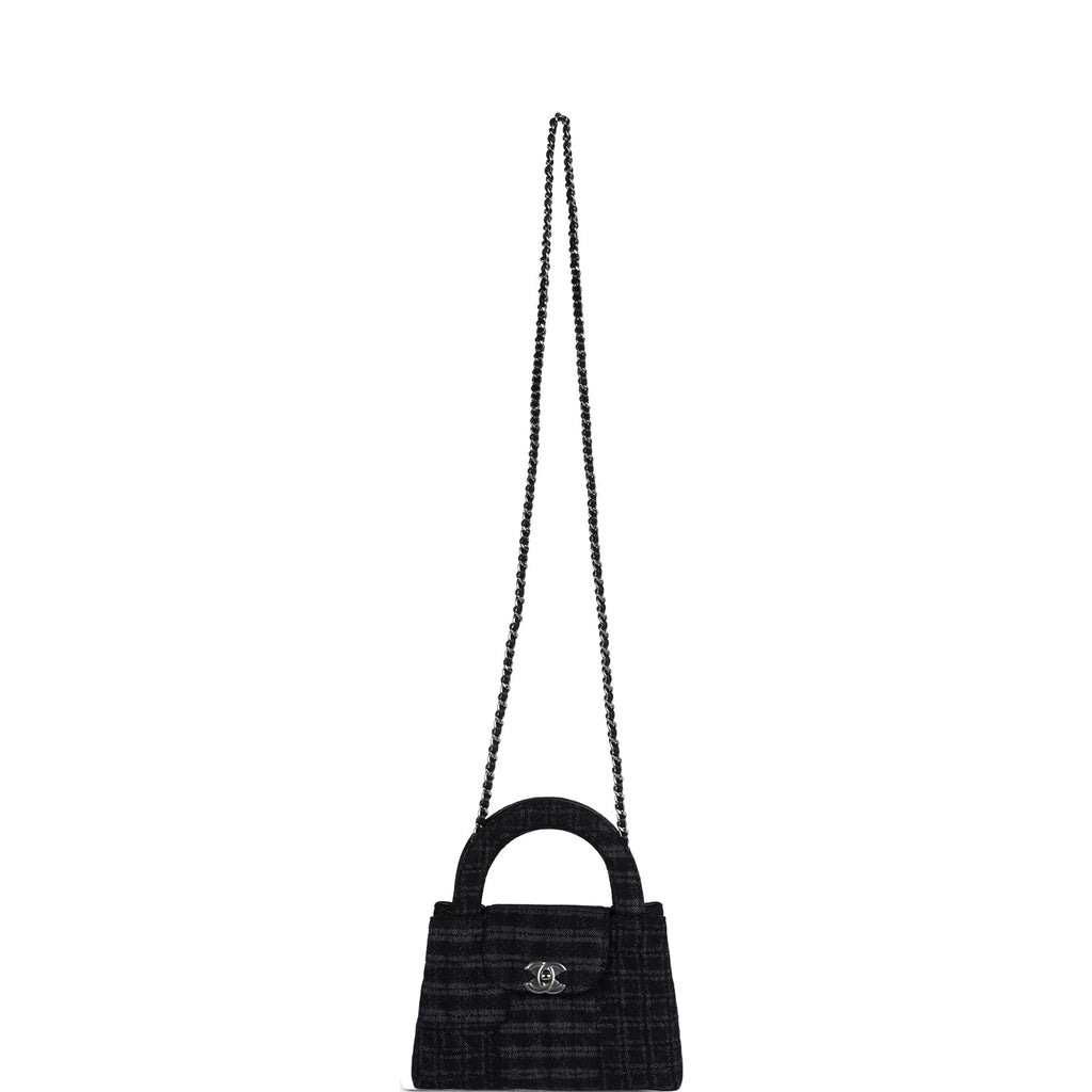 Small Kelly Shopper Dark Grey and Black Plaid Canvas Ruthenium Hardware