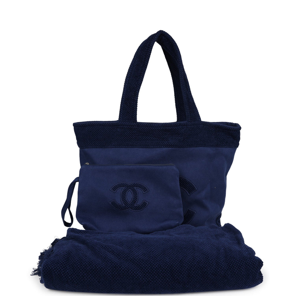 CC Beach Tote Bag & Towel Set Navy Blue Canvas & Terry