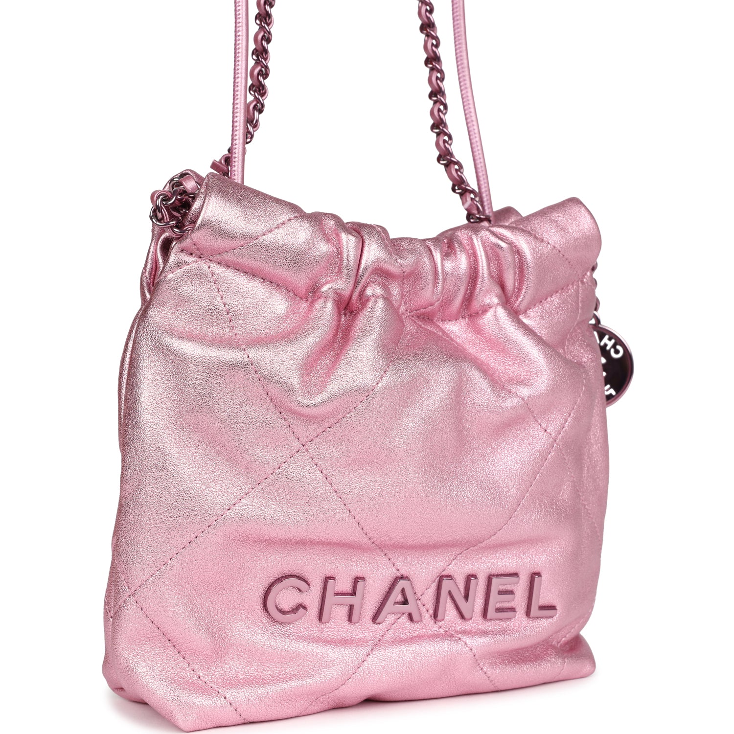 Mini 22 Bag Pink Metallic Lambskin Lacquered Metal Hardware