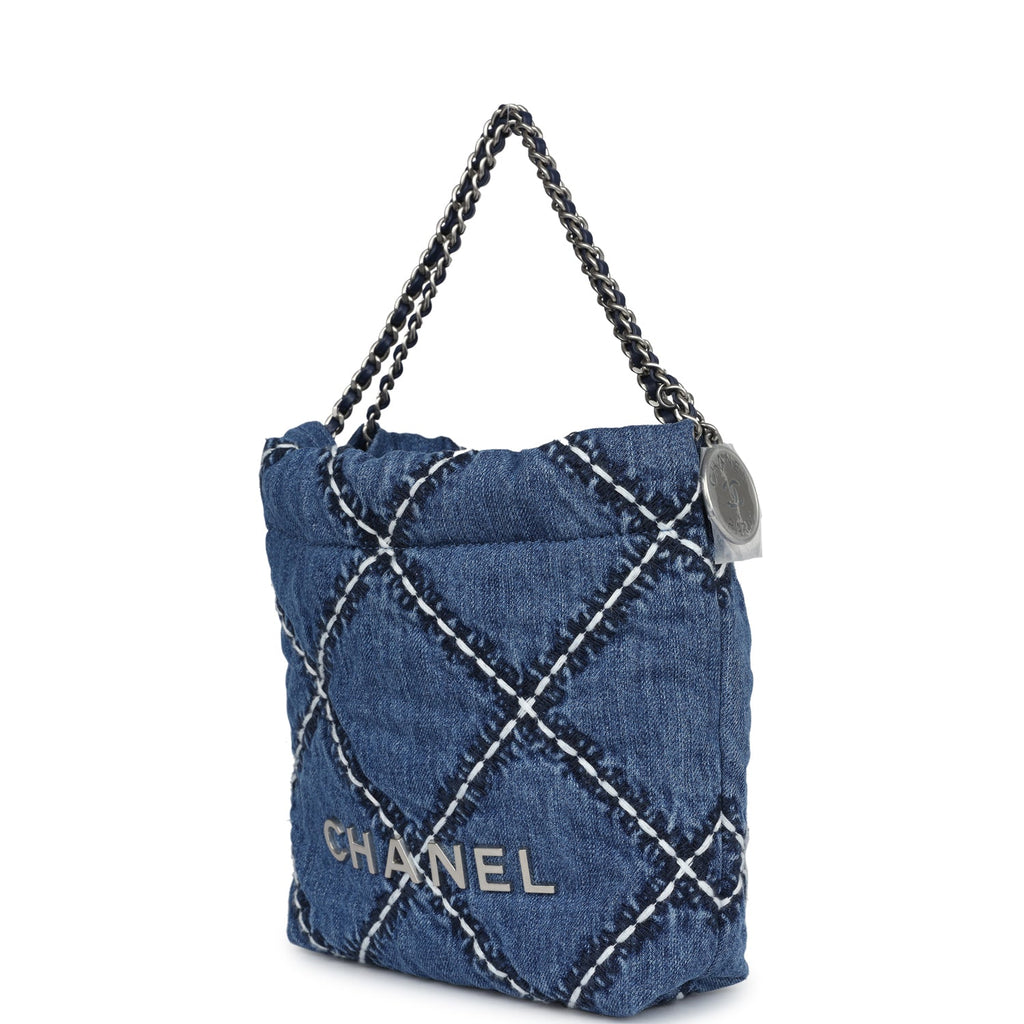Mini 22 Bag Blue Stitched Denim Silver Hardware