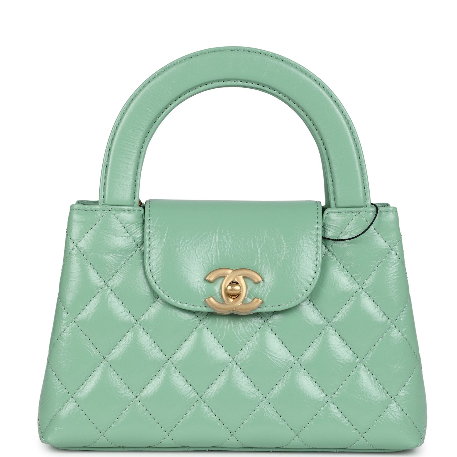 Small Kelly Shopper Light Green Shiny Aged Calfskin Brushed Gold Hardware