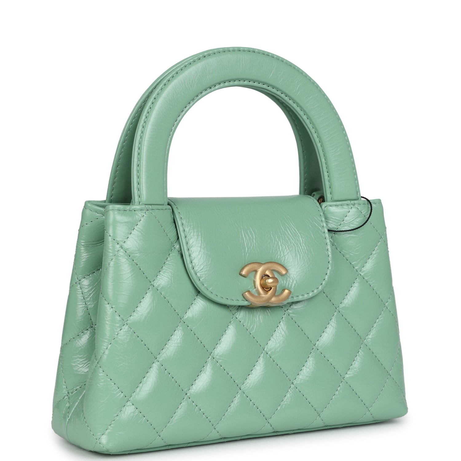 Small Kelly Shopper Light Green Shiny Aged Calfskin Brushed Gold Hardware