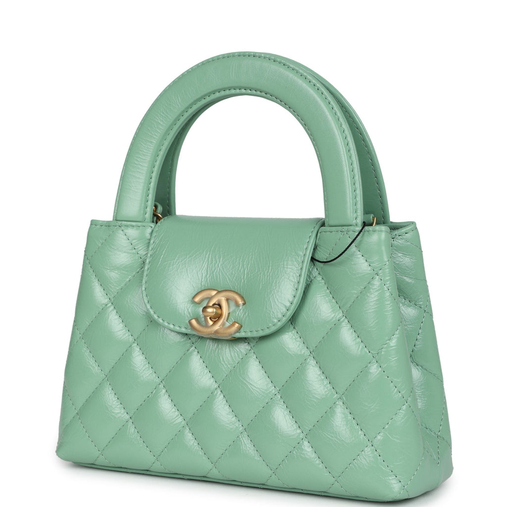 Small Kelly Shopper Light Green Shiny Aged Calfskin Brushed Gold Hardware