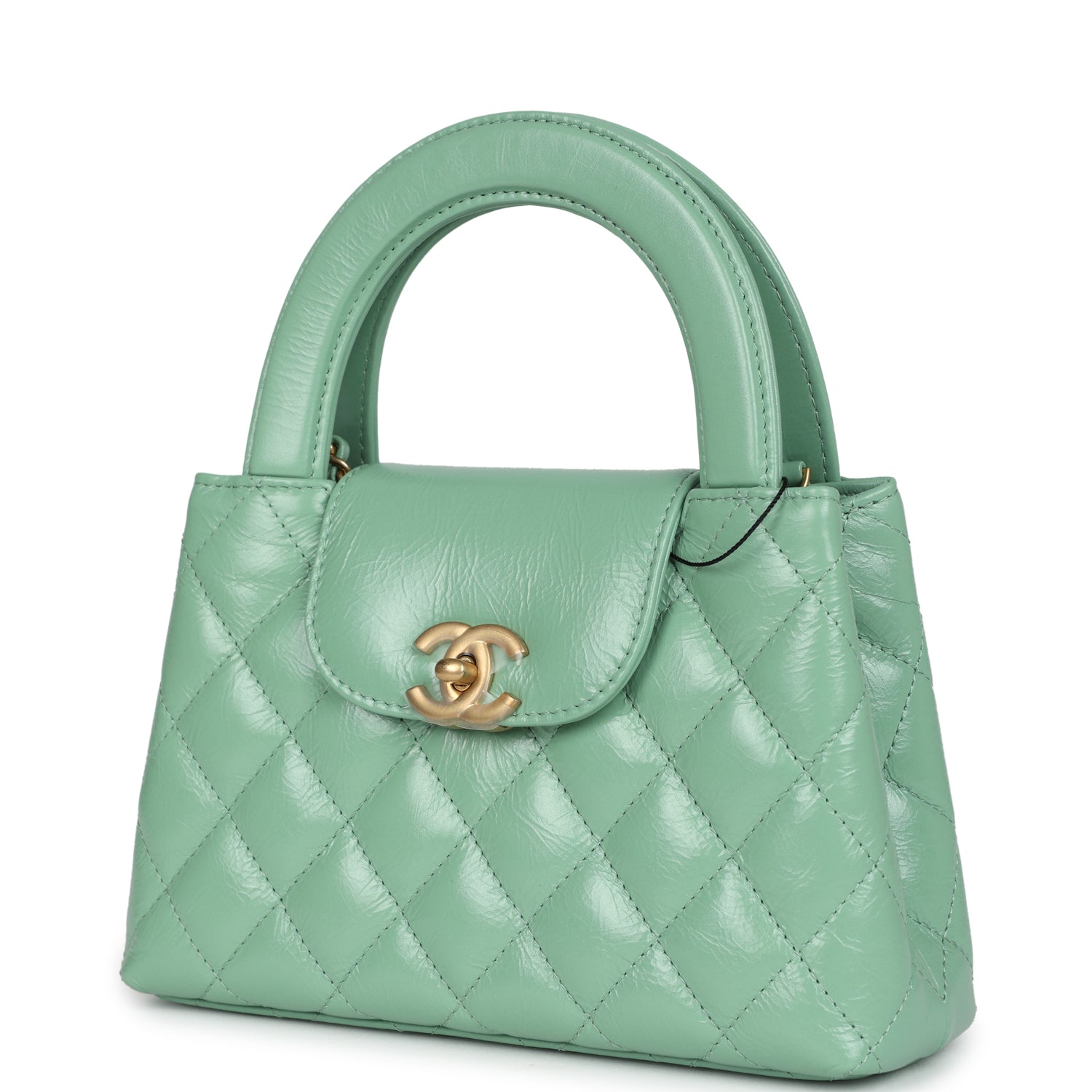 Small Kelly Shopper Light Green Shiny Aged Calfskin Brushed Gold Hardware