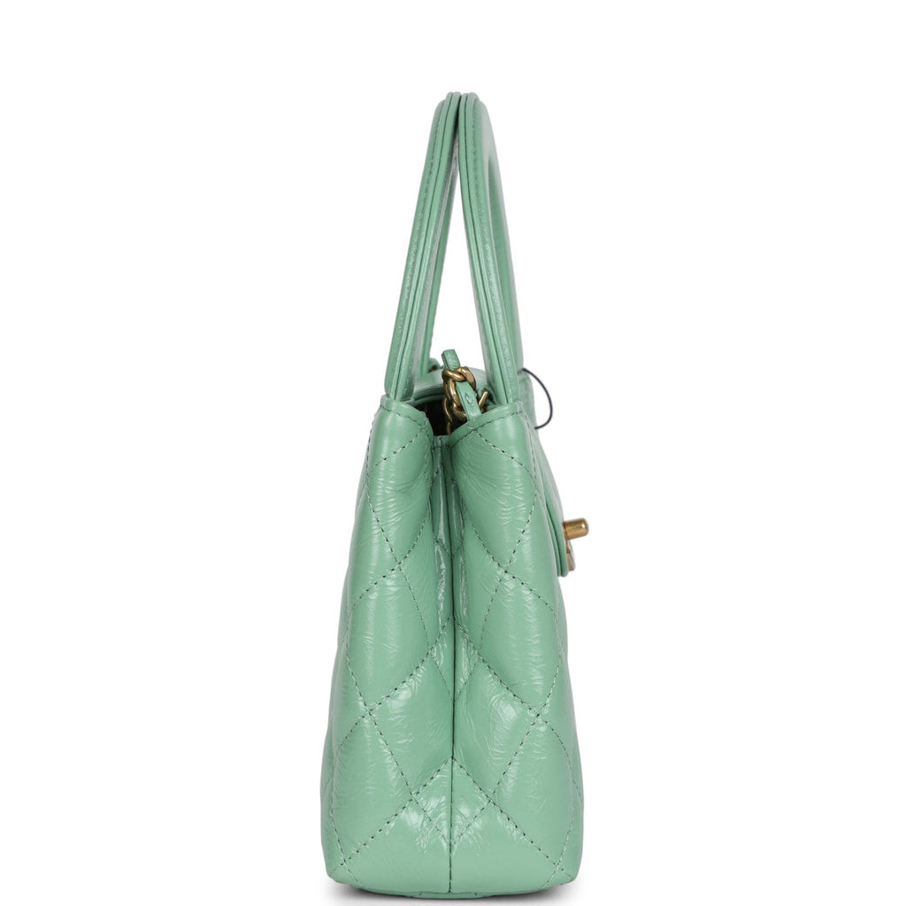 Small Kelly Shopper Light Green Shiny Aged Calfskin Brushed Gold Hardware