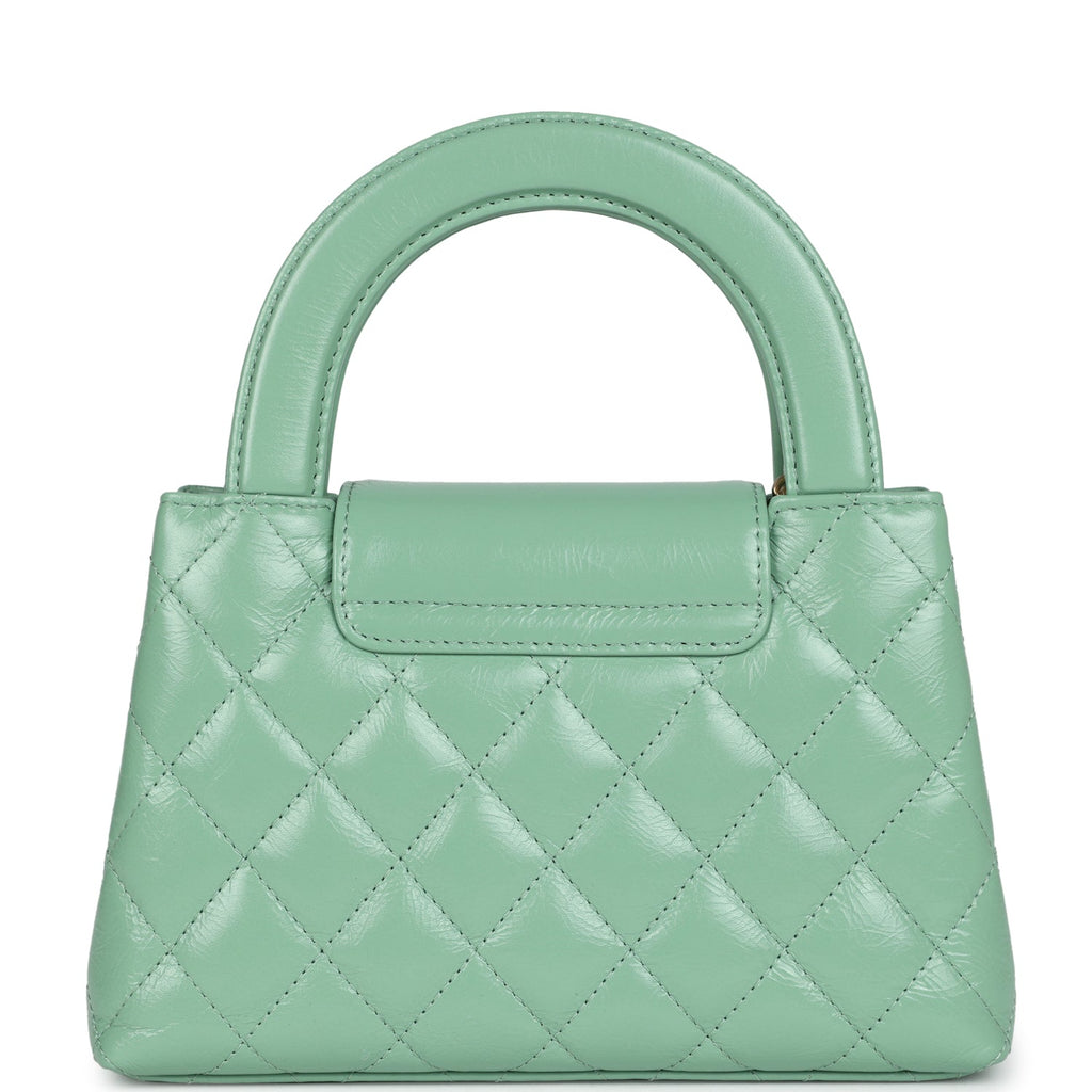 Small Kelly Shopper Light Green Shiny Aged Calfskin Brushed Gold Hardware