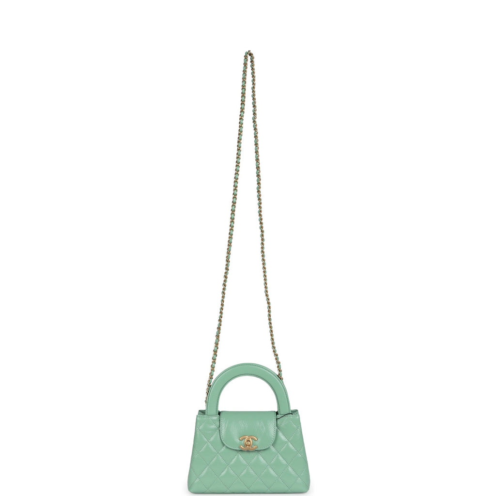 Small Kelly Shopper Light Green Shiny Aged Calfskin Brushed Gold Hardware