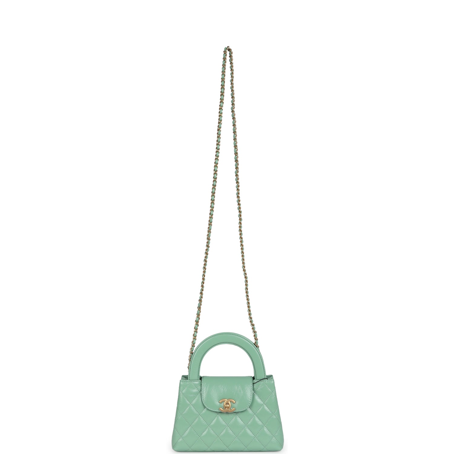 Small Kelly Shopper Light Green Shiny Aged Calfskin Brushed Gold Hardware