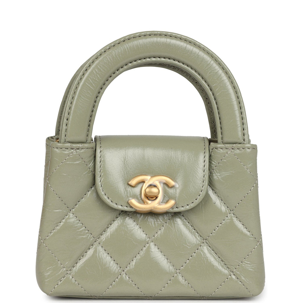 Nano Kelly Shopper Khaki Shiny Aged Calfskin Brushed Gold Hardware