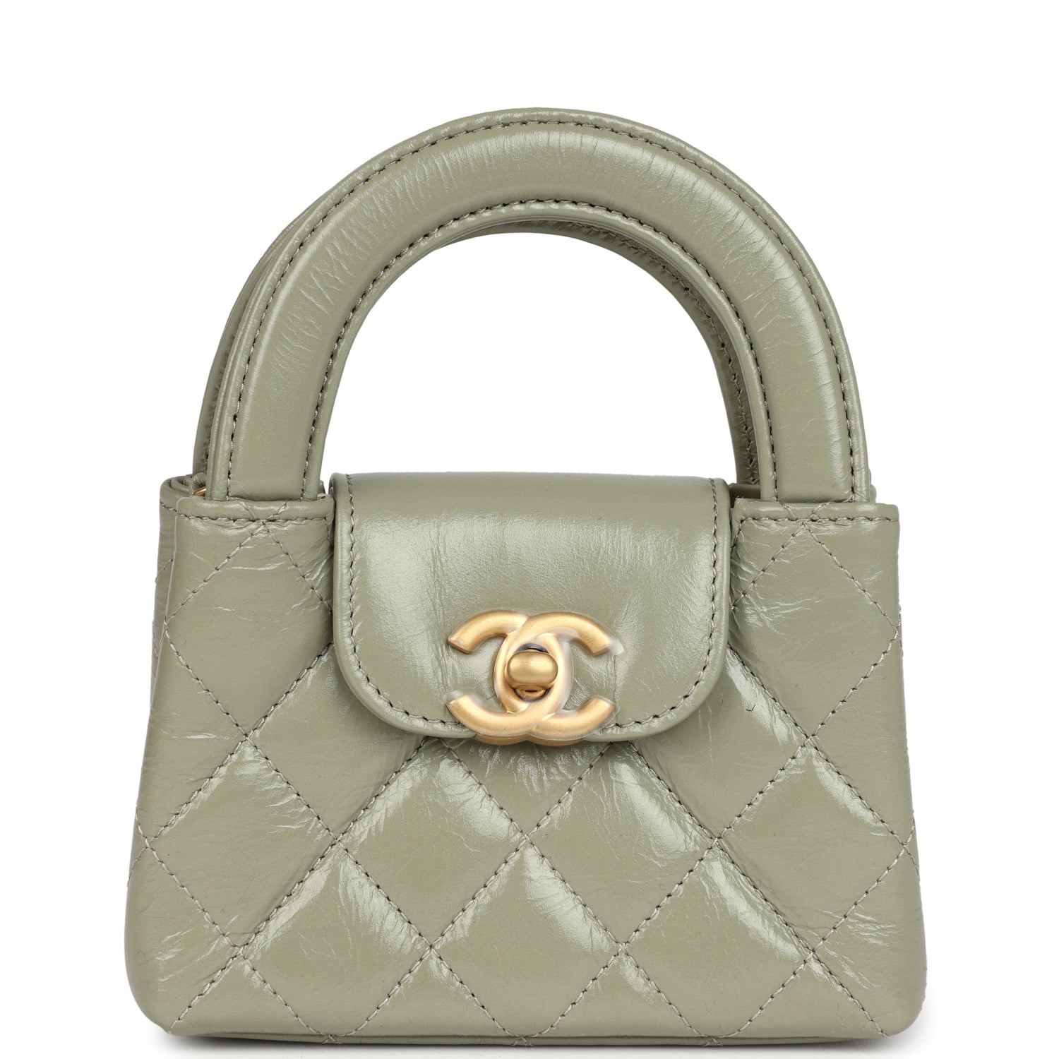 Nano Kelly Shopper Khaki Shiny Aged Calfskin Brushed Gold Hardware