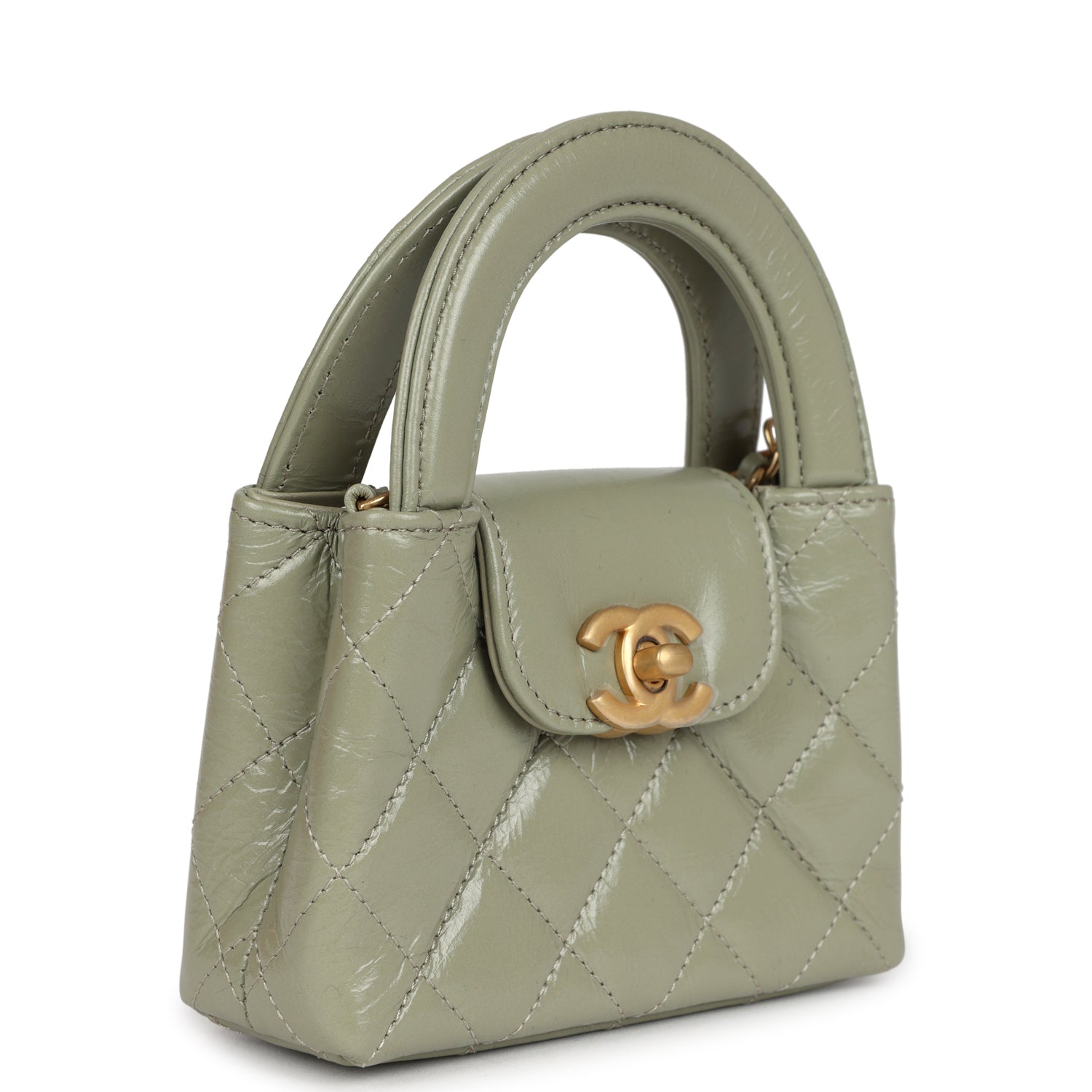 Nano Kelly Shopper Khaki Shiny Aged Calfskin Brushed Gold Hardware