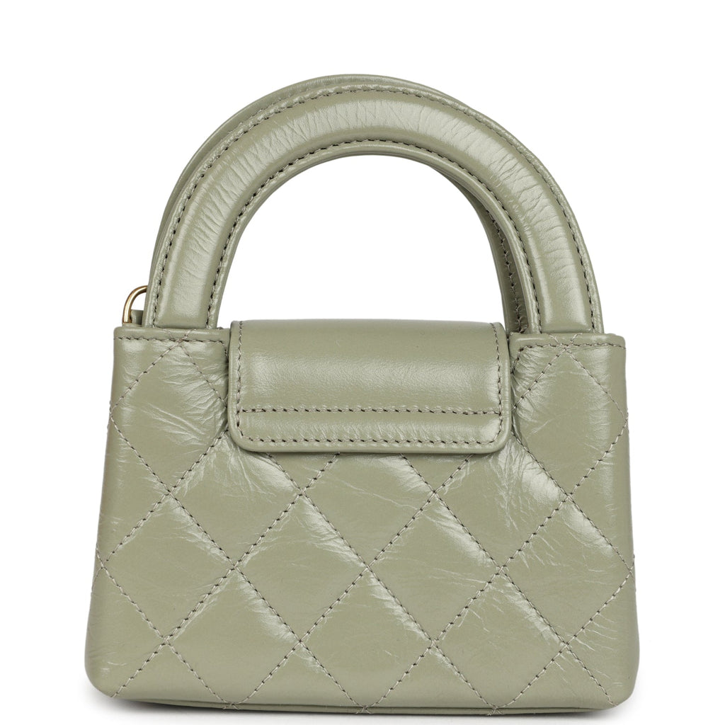 Nano Kelly Shopper Khaki Shiny Aged Calfskin Brushed Gold Hardware