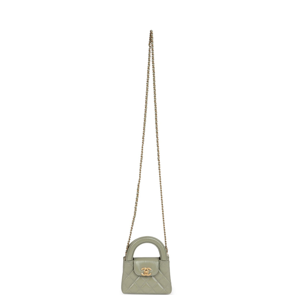Nano Kelly Shopper Khaki Shiny Aged Calfskin Brushed Gold Hardware