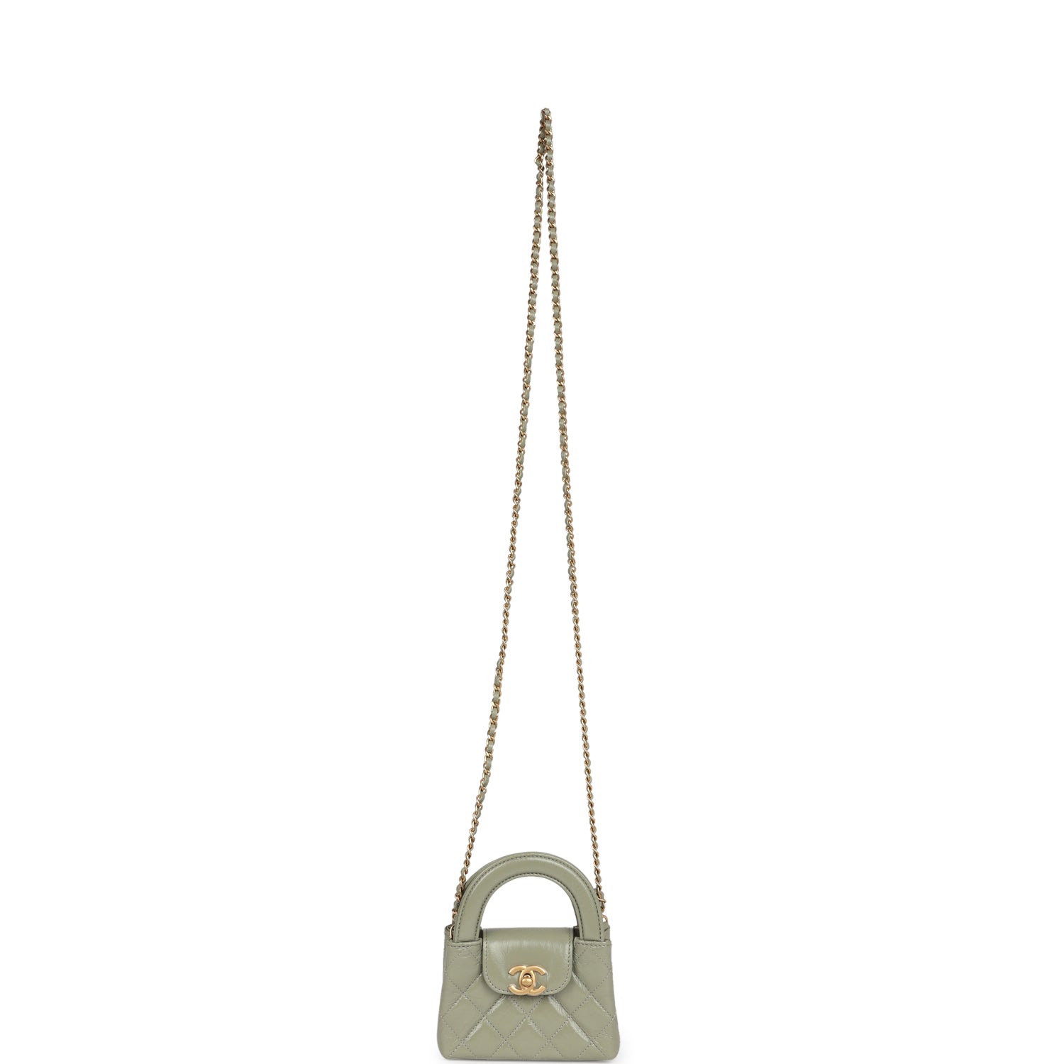 Nano Kelly Shopper Khaki Shiny Aged Calfskin Brushed Gold Hardware