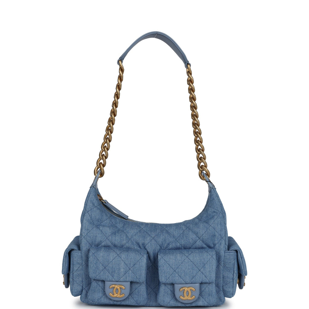 Large Cargo Hobo Bag Light Blue Washed Denim Brushed Gold Hardware