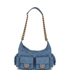Large Cargo Hobo Bag Light Blue Washed Denim Brushed Gold Hardware