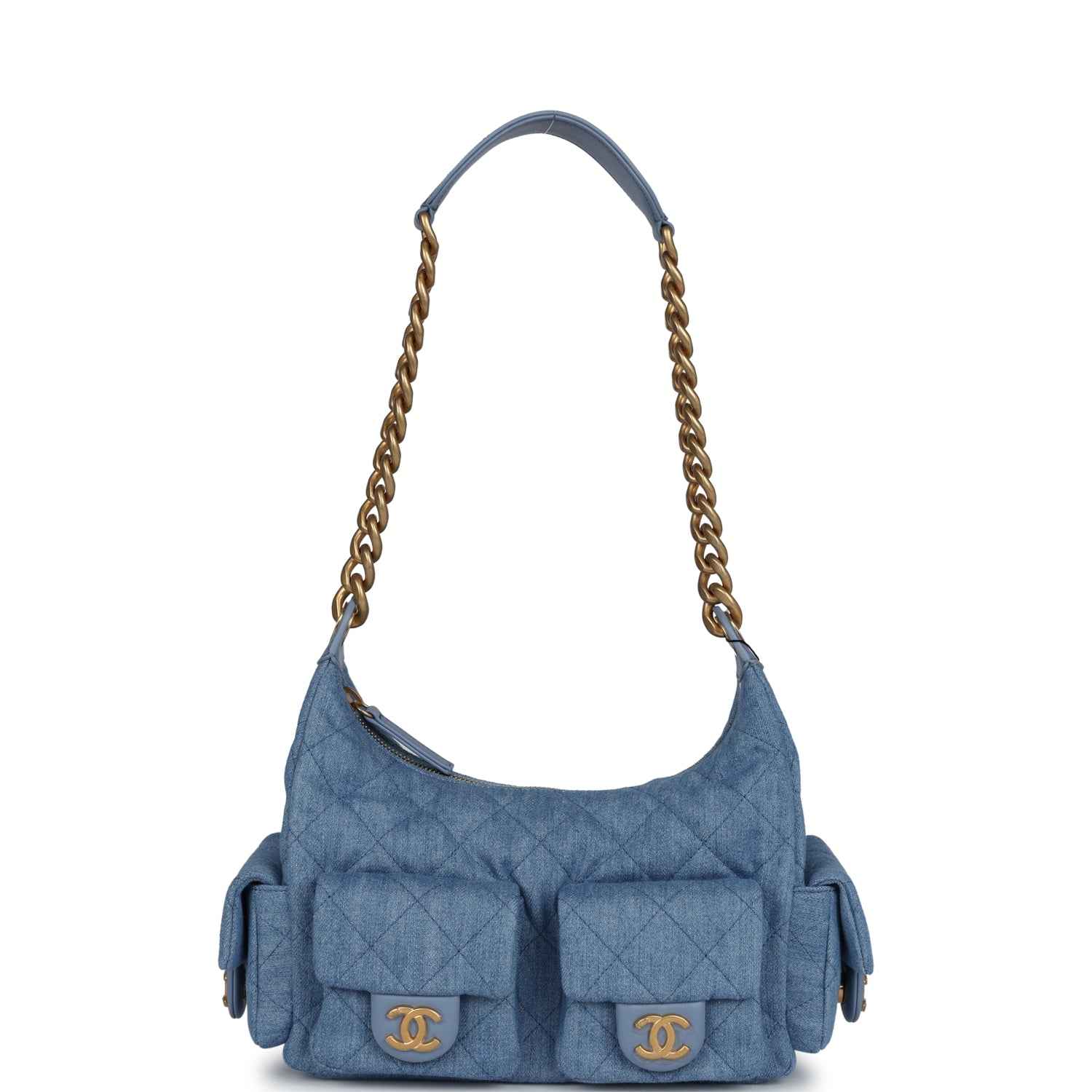 Large Cargo Hobo Bag Light Blue Washed Denim Brushed Gold Hardware