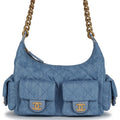 Large Cargo Hobo Bag Light Blue Washed Denim Brushed Gold Hardware