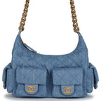 Large Cargo Hobo Bag Light Blue Washed Denim Brushed Gold Hardware