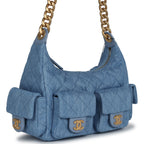 Large Cargo Hobo Bag Light Blue Washed Denim Brushed Gold Hardware
