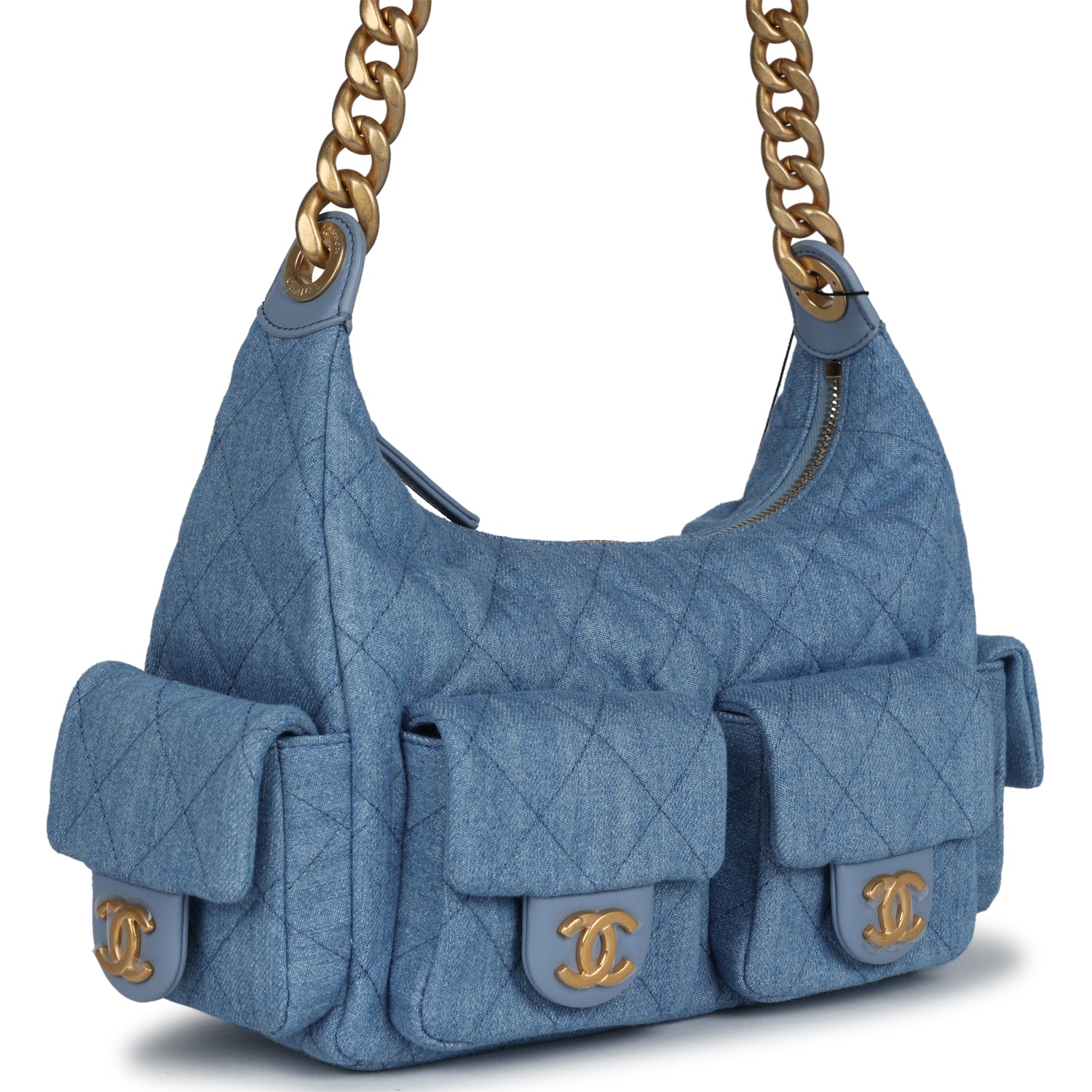 Large Cargo Hobo Bag Light Blue Washed Denim Brushed Gold Hardware