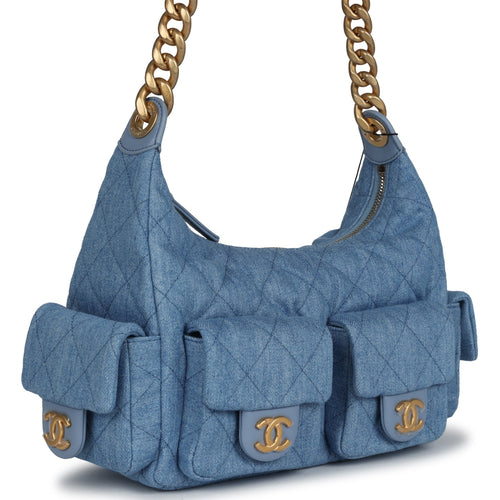 Large Cargo Hobo Bag Light Blue Washed Denim Brushed Gold Hardware