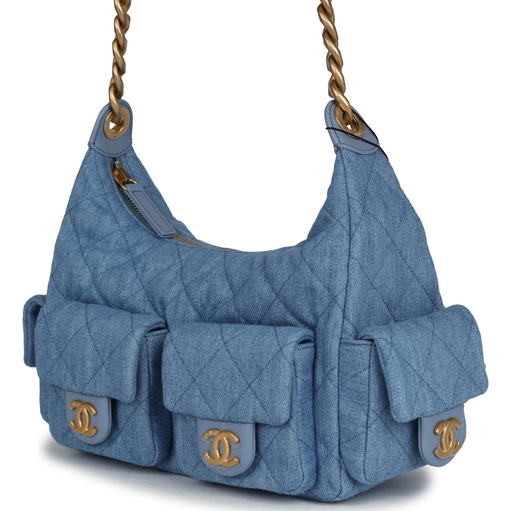 Large Cargo Hobo Bag Light Blue Washed Denim Brushed Gold Hardware
