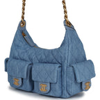 Large Cargo Hobo Bag Light Blue Washed Denim Brushed Gold Hardware