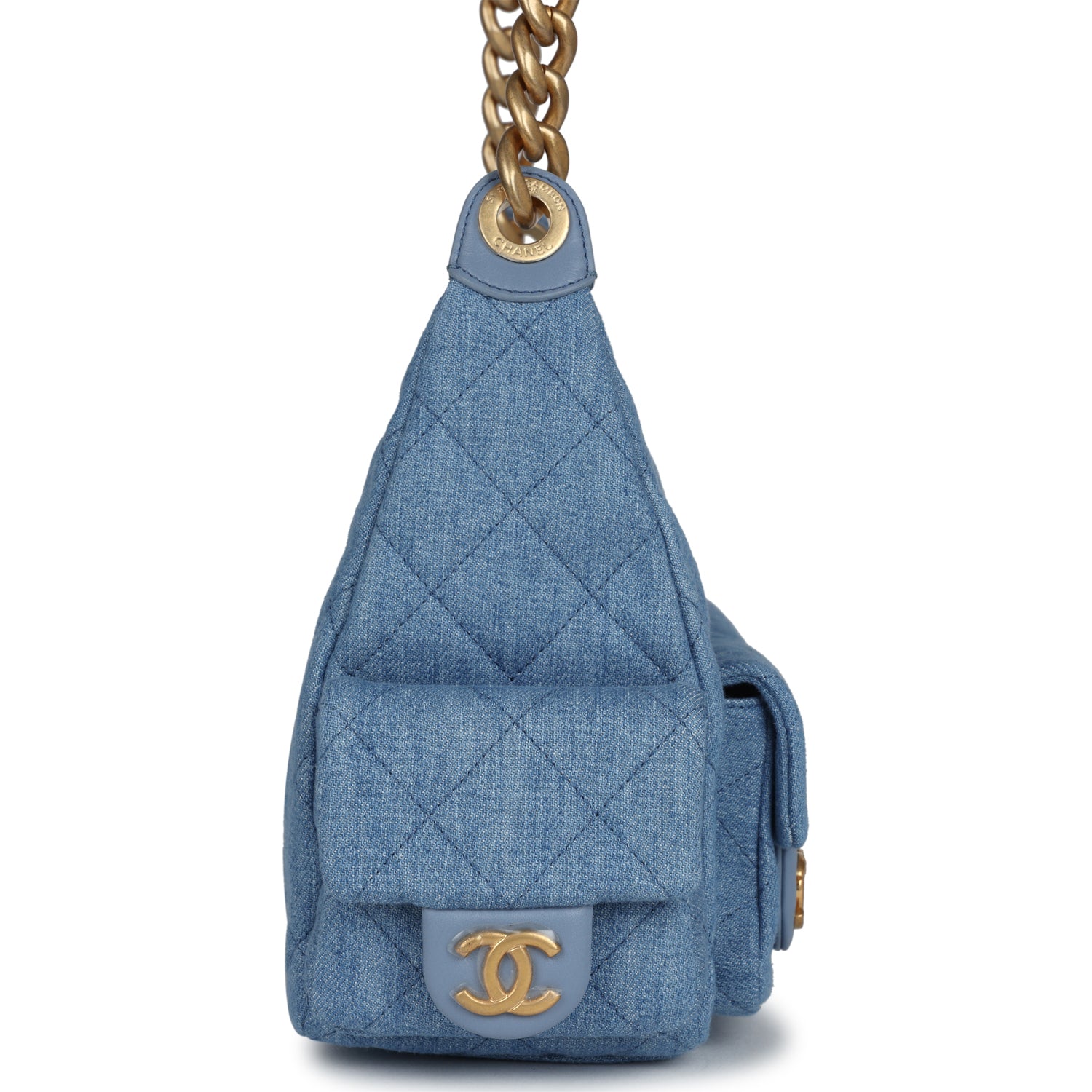 Large Cargo Hobo Bag Light Blue Washed Denim Brushed Gold Hardware