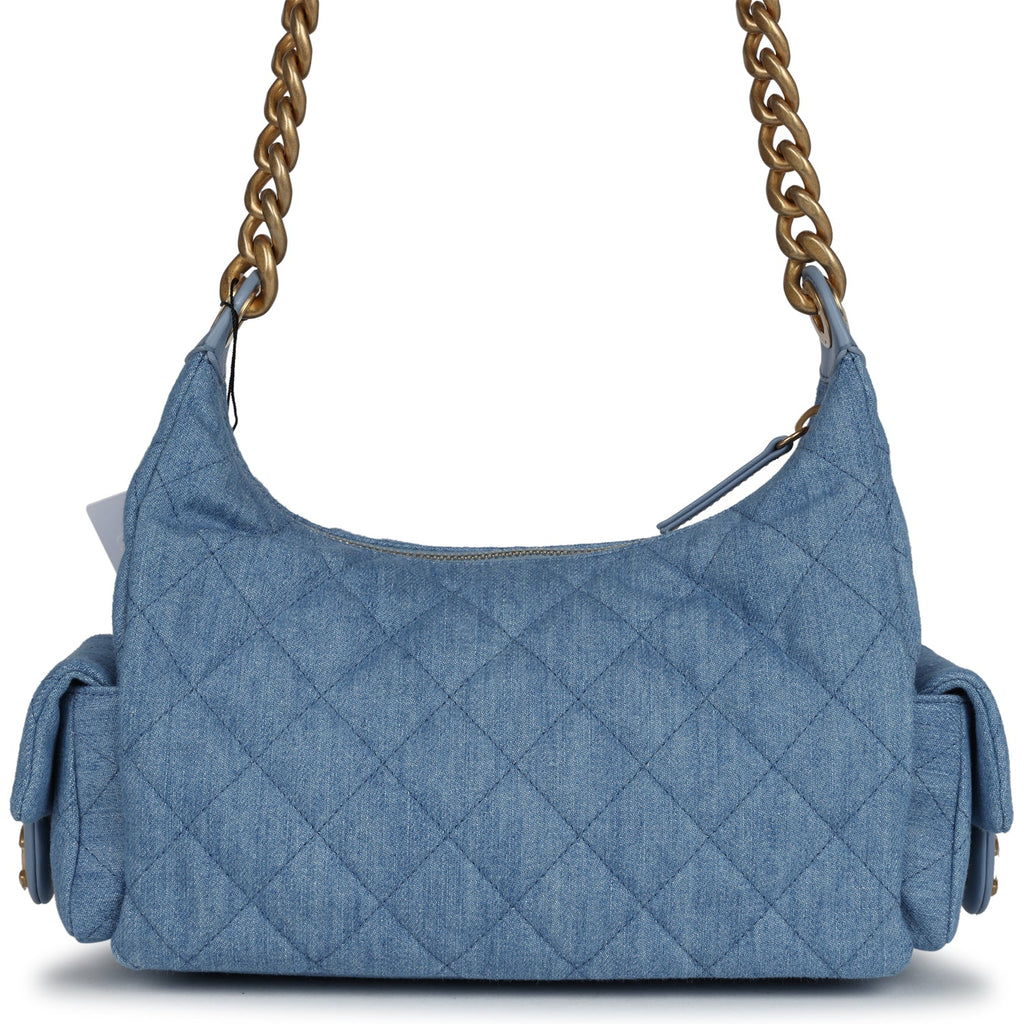 Large Cargo Hobo Bag Light Blue Washed Denim Brushed Gold Hardware