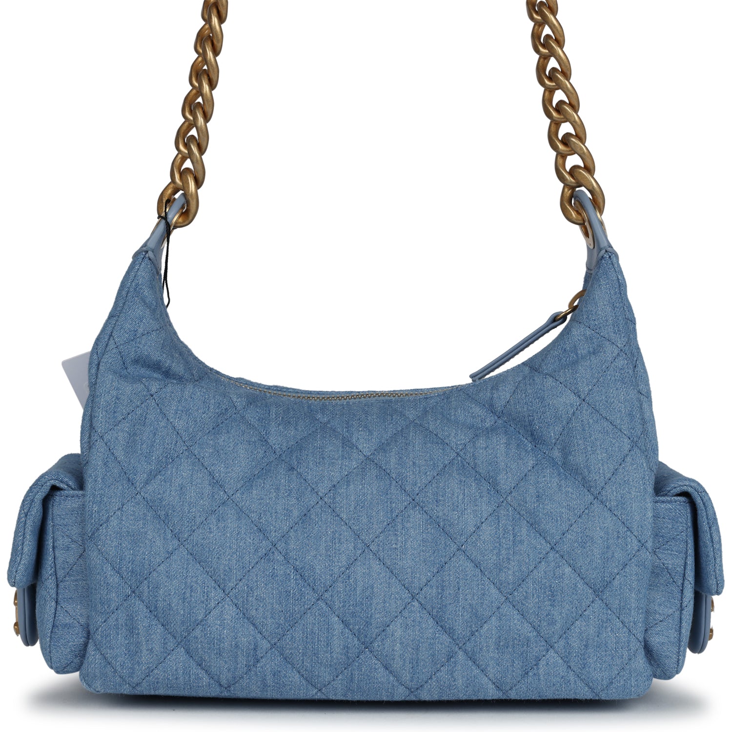 Large Cargo Hobo Bag Light Blue Washed Denim Brushed Gold Hardware